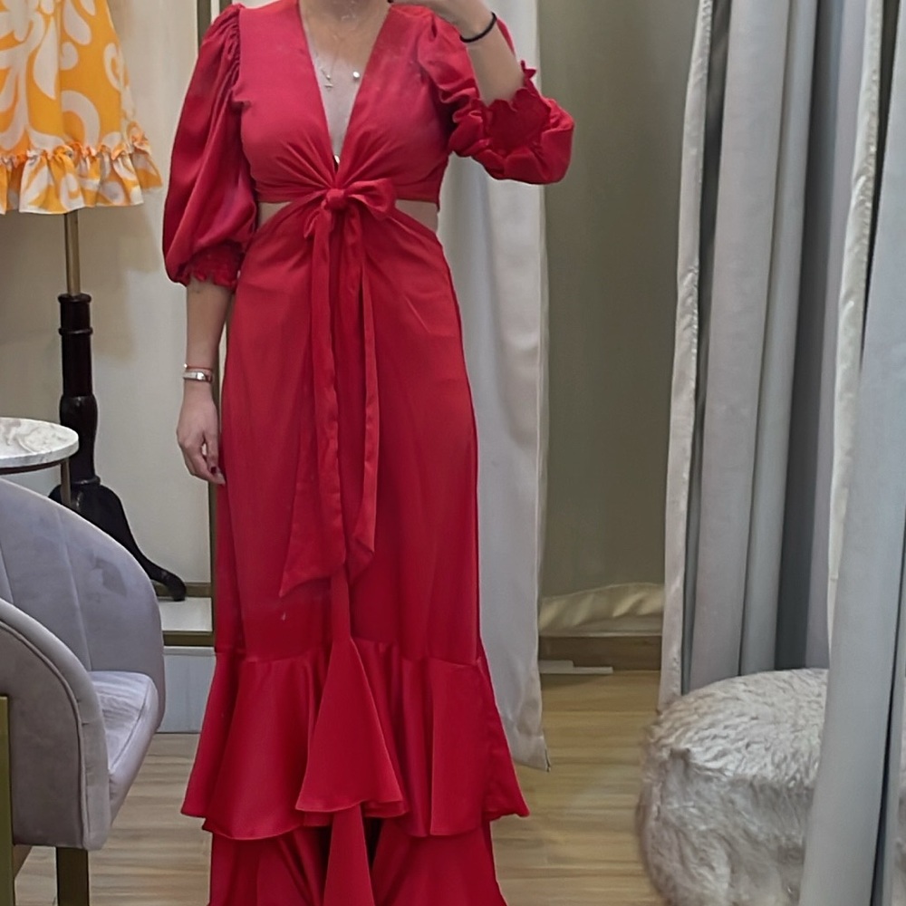 Elegant Red Maxi Dress with Ruffle Details